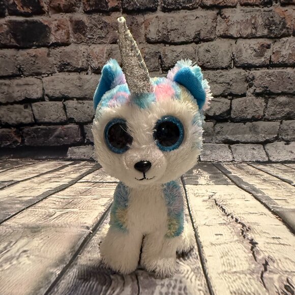 Ty Beanie Boos HELENA the Unicorn Husky Puppy Dog 6" H Rainbow Multicolor Soft - Picture 1 of 9